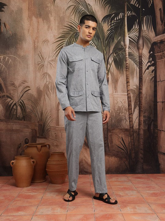0dcfe5f4-cb0e-4a61-9796-e8a4ecd7c7d31746100647987-Sangria-Men-Kurta-Sets-2771746100647387-4.jpg Mandarin Collar Pure Cotton Shirt with Trousers - Image 1