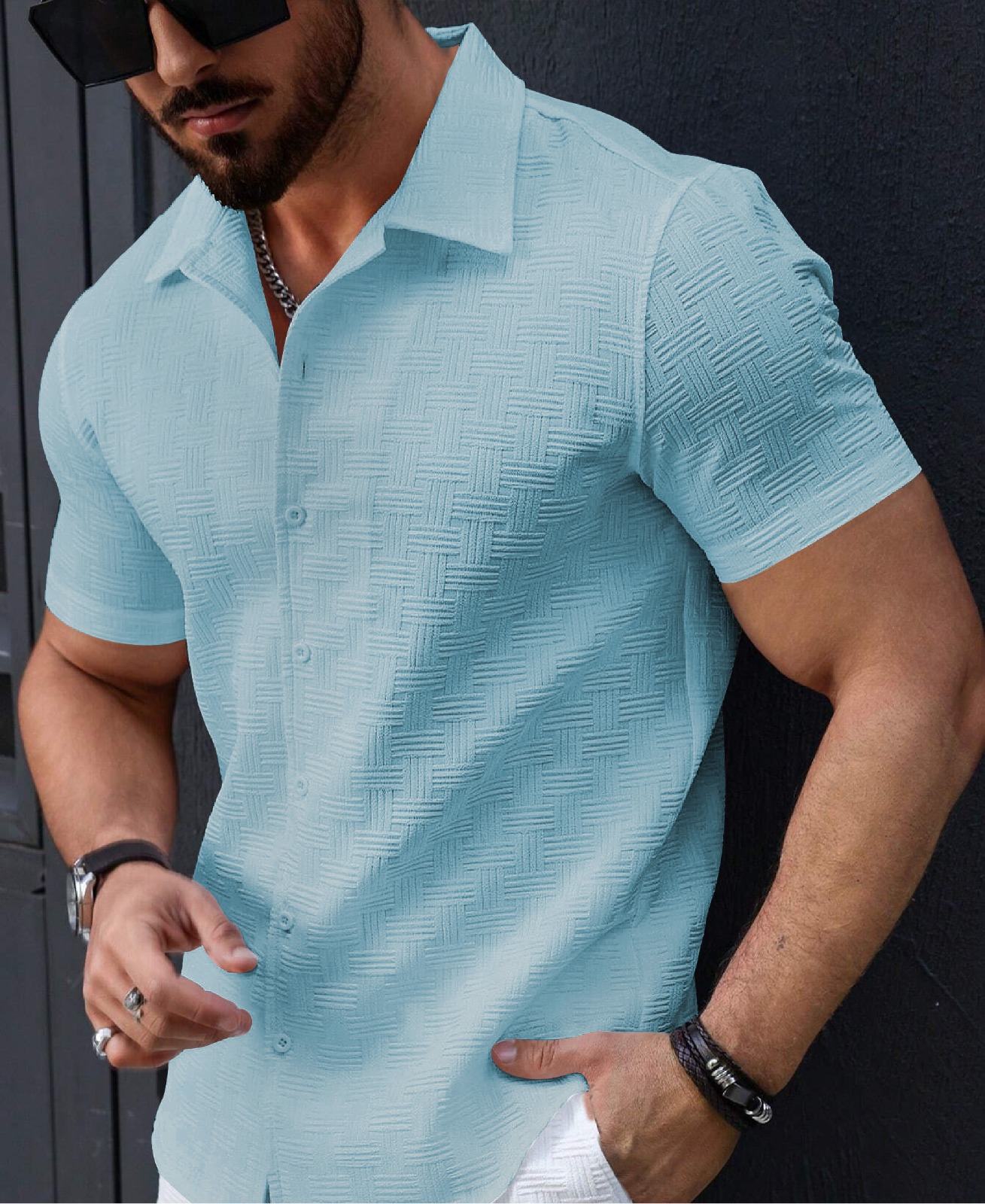 1-16.jpg Men’s Stylish Casual Textured Sky Blue Shirt - Image 1
