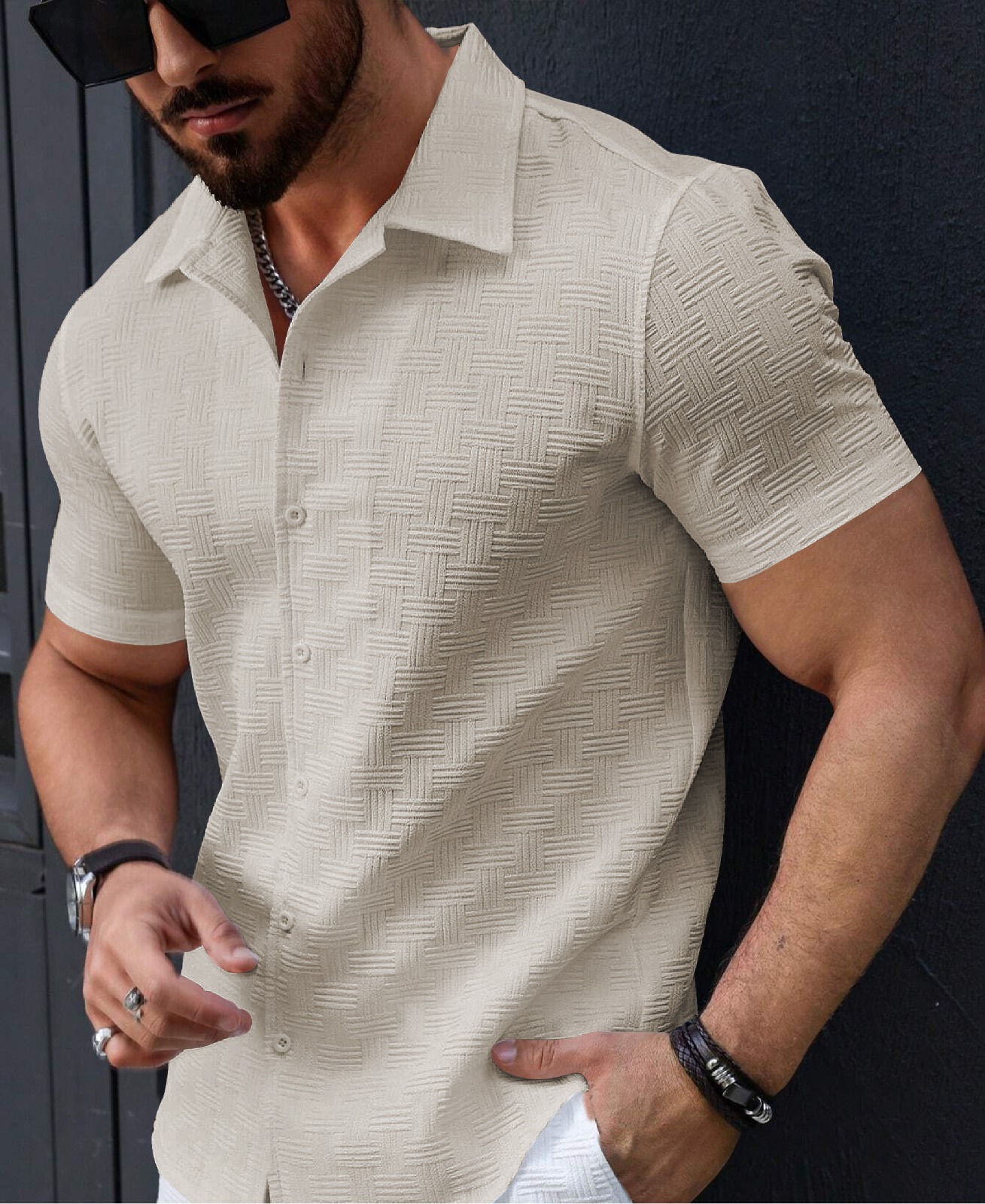 1-17.jpg Men’s Stylish Casual Textured Cream Shirt - Image 1