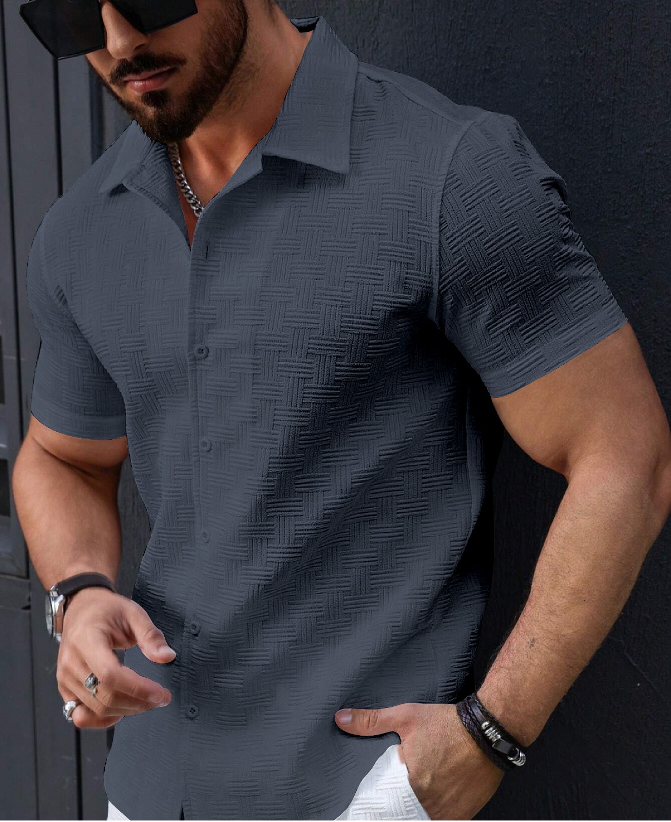1-5-1.jpg Men’s Stylish Casual Textured Gray Shirt - Image 1