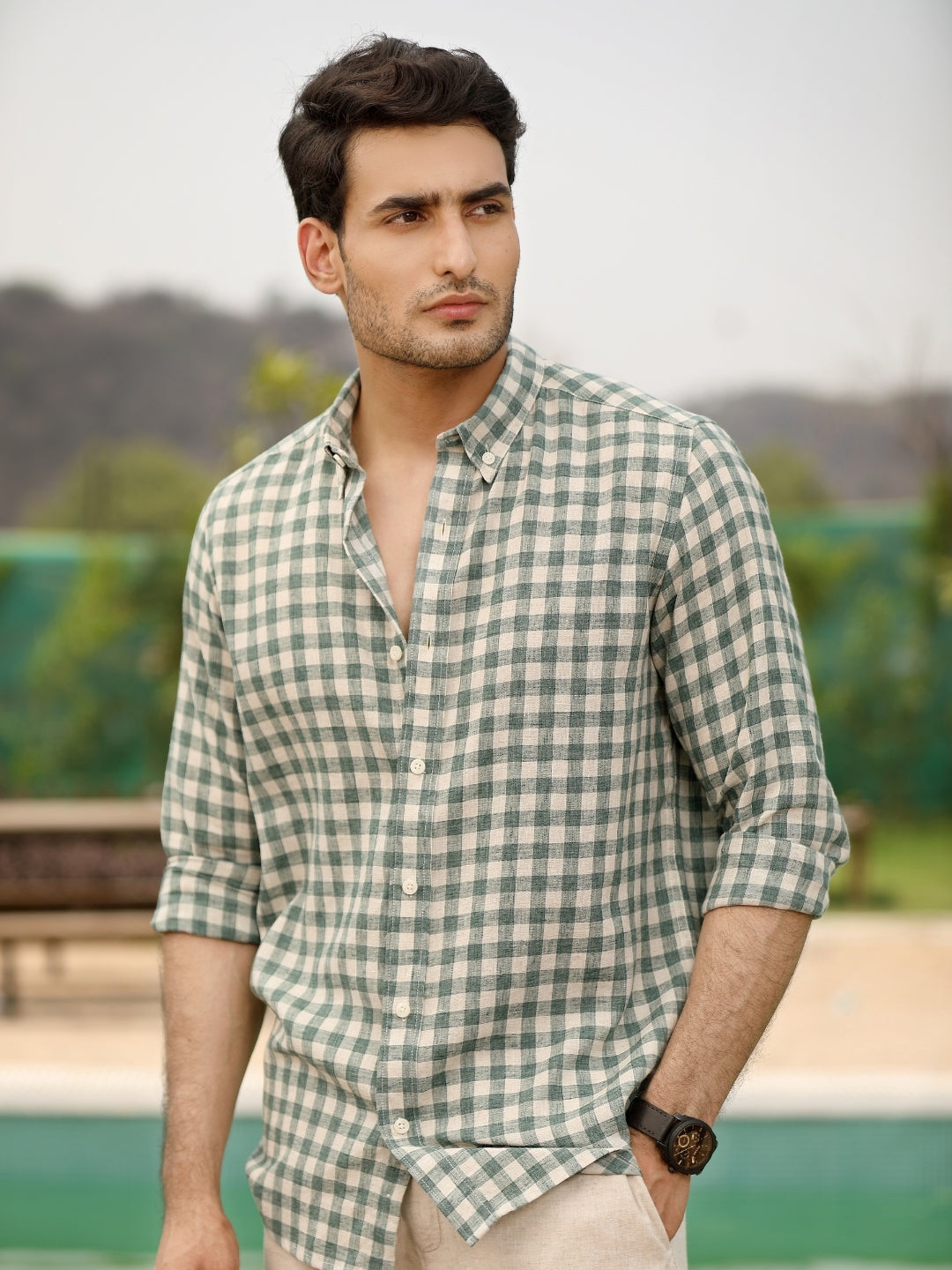 110.jpg Meadow Green Checkered Pre-Washed Linen Cotton Premium Casual Shirt - Image 1