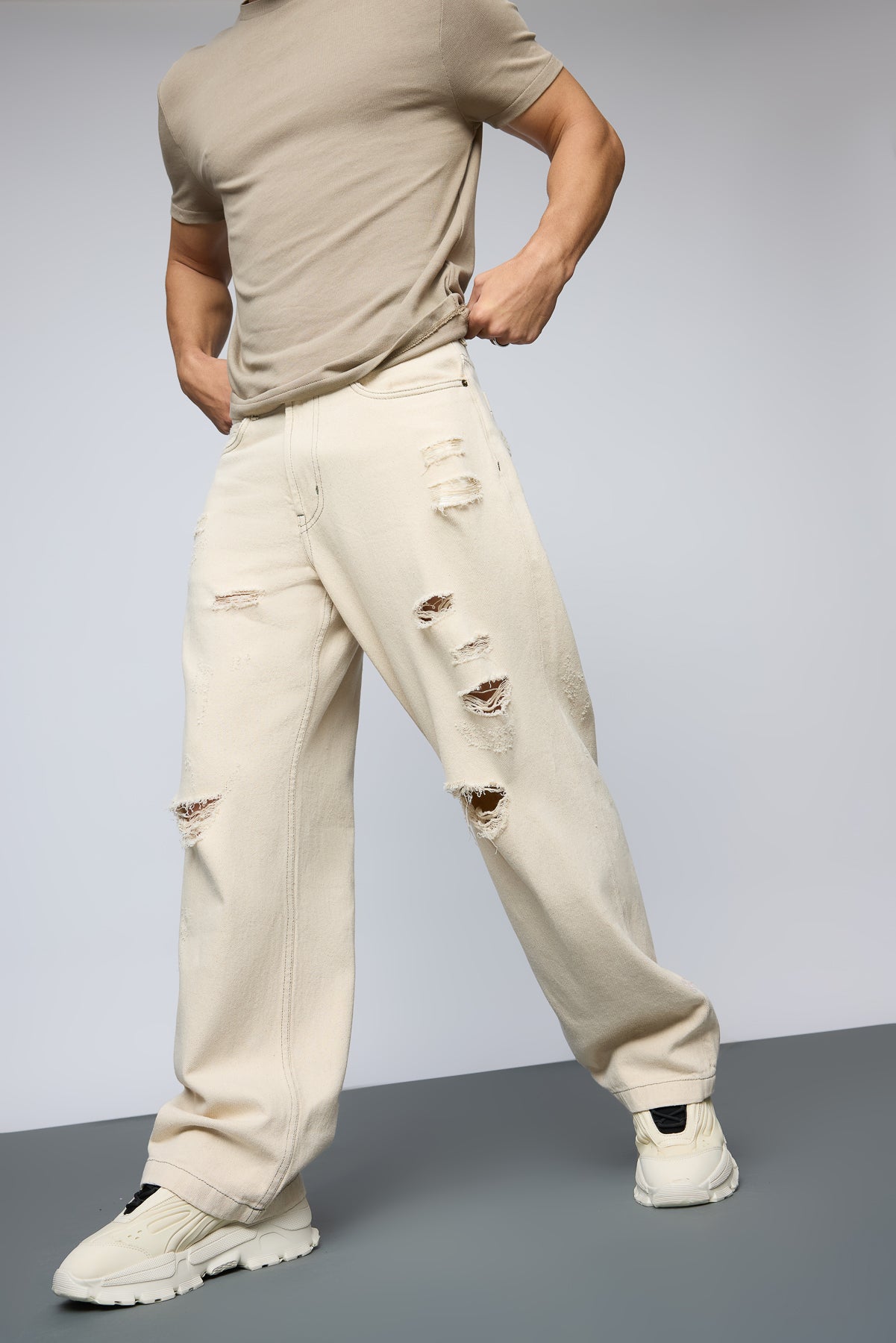 11aug_31281-Edit_390a2862-a513-48ce-b4fc-e559bc9ddf76.jpg Premium Ecru Distressed Baggy Straight Jeans for Men - Image 1