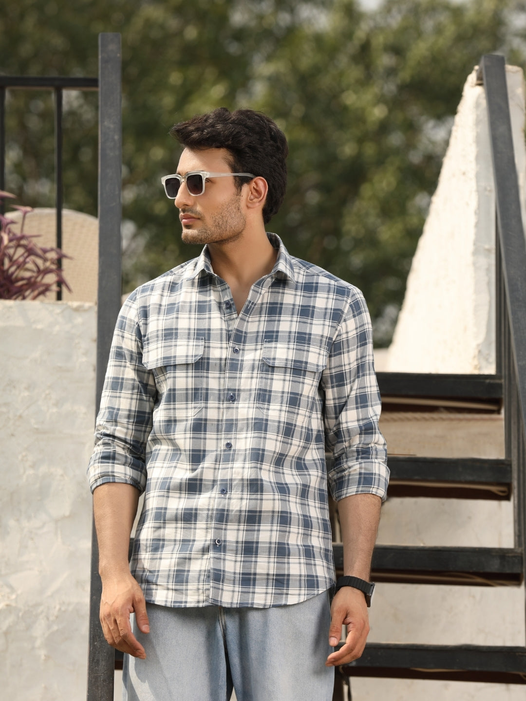 165.jpg Cameo Blue Checkered Cool Tone Casual Shirt - Image 1