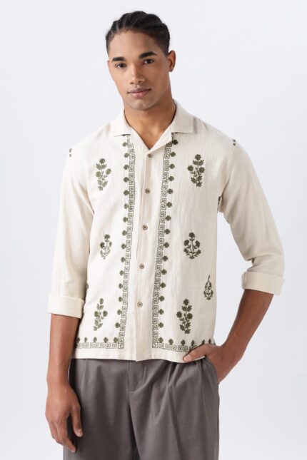 Olive Grove Cotton-Linen Natural Embroidered Shirt