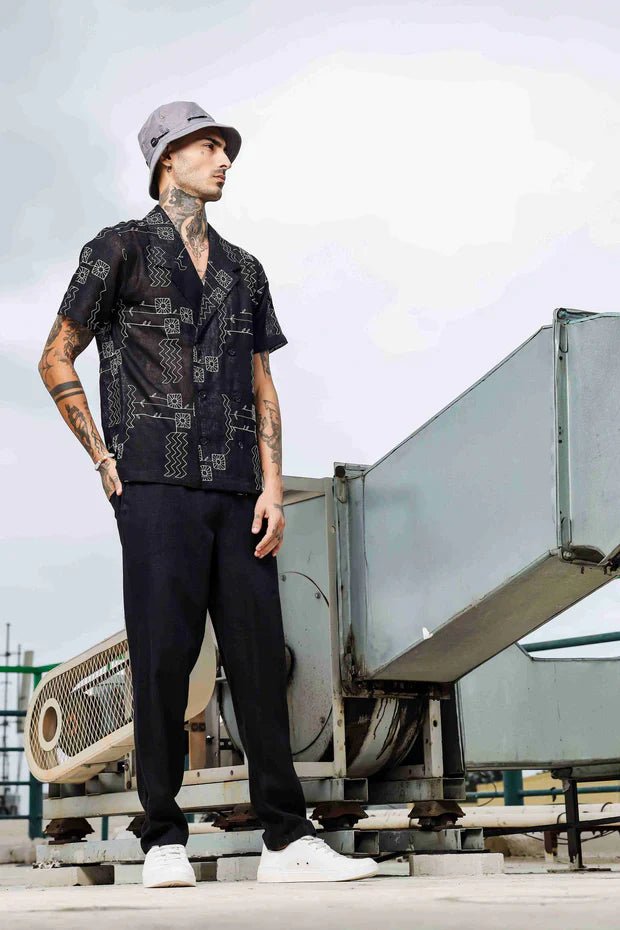 1L9A5822_11zon_2_cb3d58ed-64a2-4489-b326-ac3b865108dd.jpg Black Linen Embroidered Notched Lapel Korean Shirt & All Day Pants Co-ord Set - Image 1