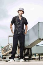 Black Linen Embroidered Notched Lapel Korean Shirt & All Day Pants Co-ord Set - Image 2