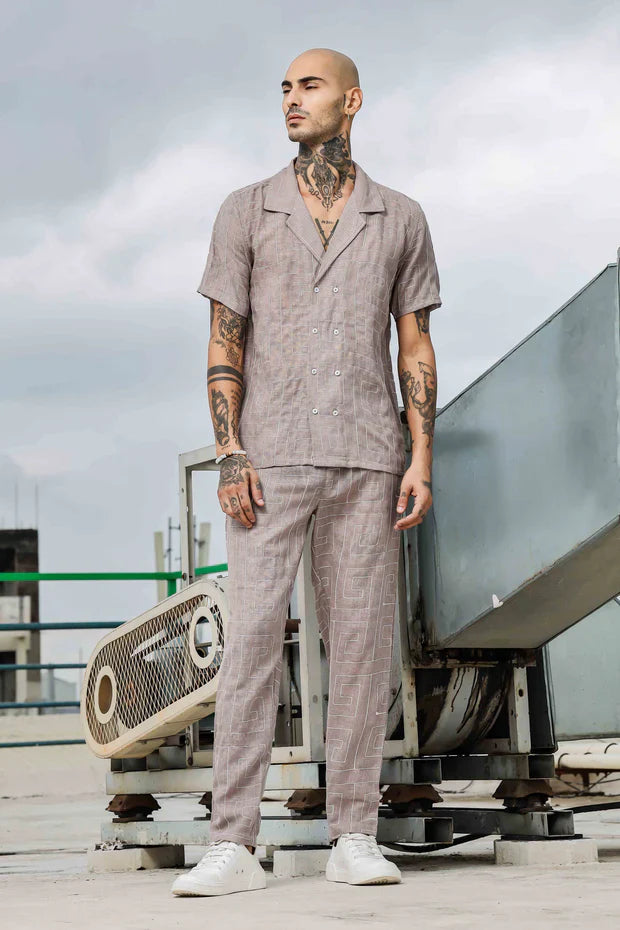 1L9A5942_11zon_1.jpg Beige Linen Notched Lapel Shirt & All Day Lounge Pants Embroidered Co-ord Set - Image 1