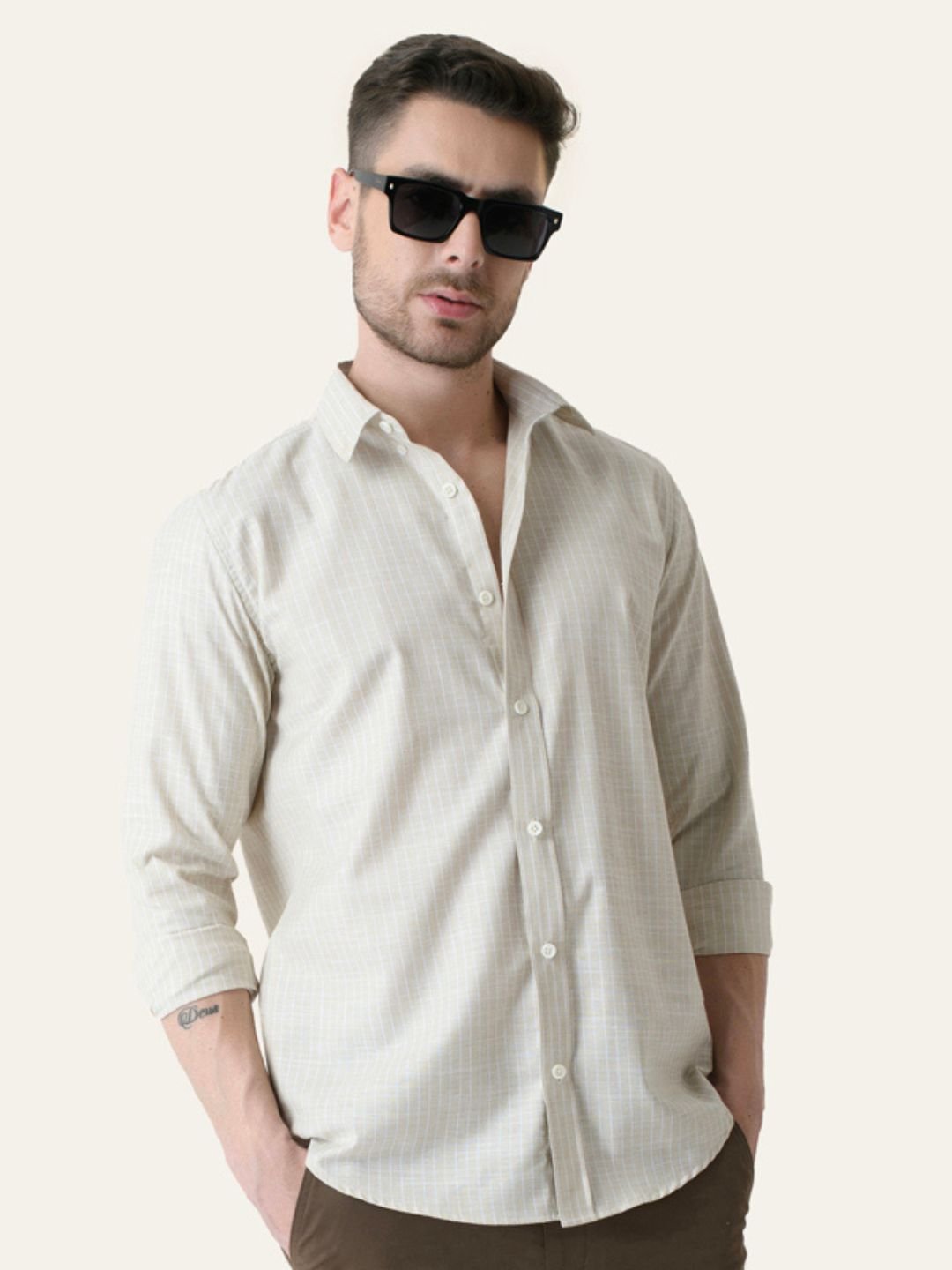 1_2af60e7f-a4d8-4271-b575-8118d888f9ac.jpg Beige Striped Slim Fit Linen Cotton Soft Tone Shirt - Image 1