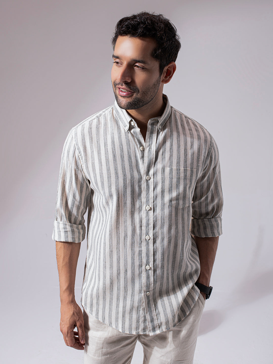 1_4_6586603d-d226-4c52-8d0d-e29f72cfee01.jpg Sage Green Striped Linen Cotton Lightweight Summer Shirt - Image 1