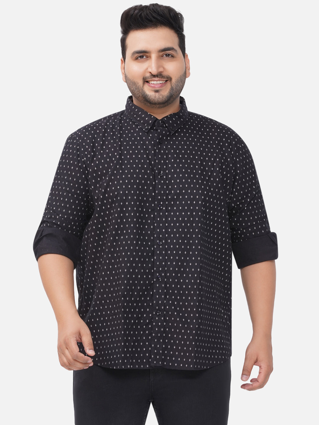 1_9f097143-bdd3-4ebb-ac09-b6b83f93c714.jpg Plus Size Men Comfort Fit Black Printed Pure Cotton Shirt - Image 1