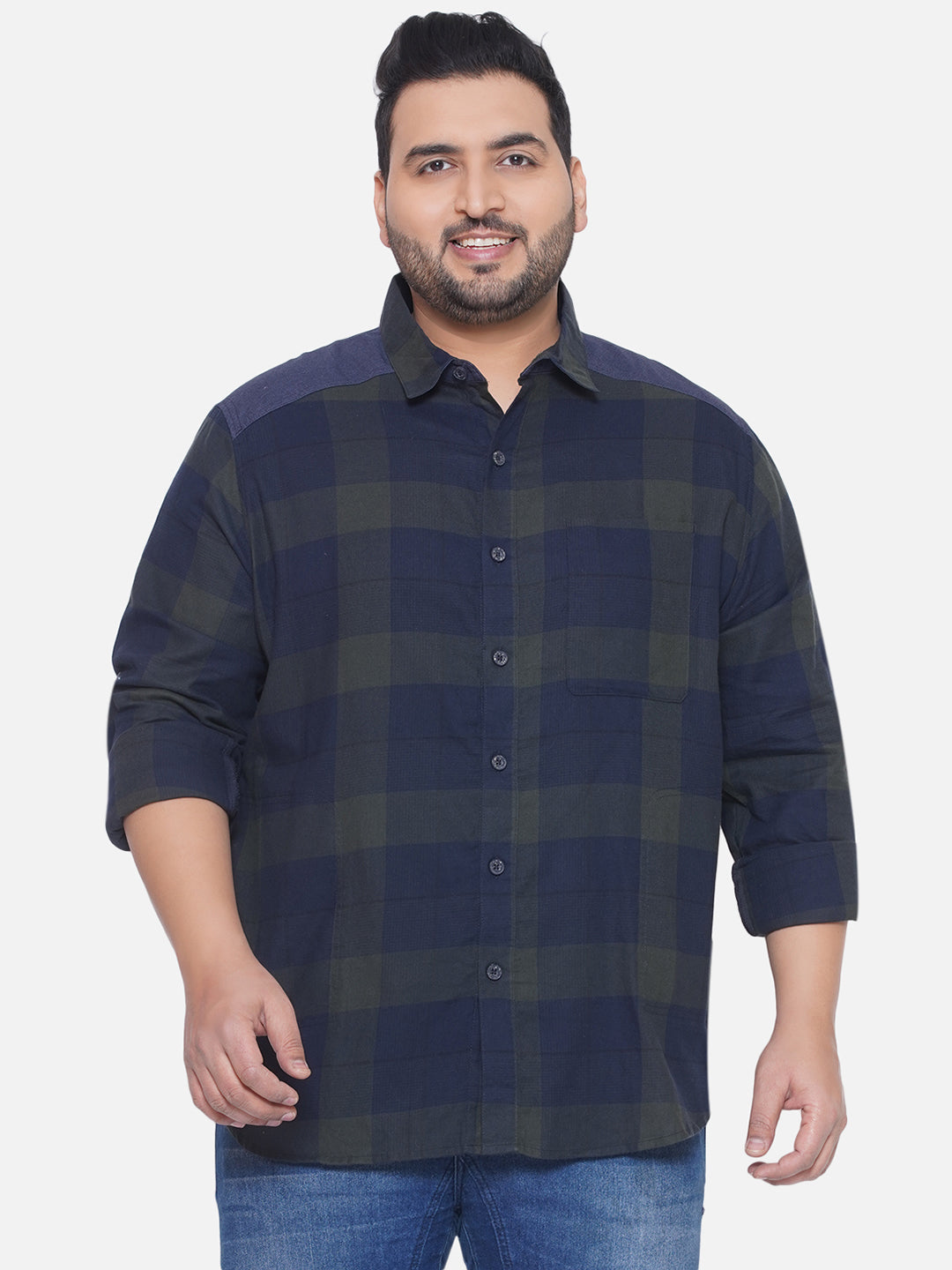 1_b2795ca0-c31d-4b73-b24e-0ba6108e1edb.jpg Plus Size Men Regular Fit Blue and Green Checkered Cotton Shirt - Image 1