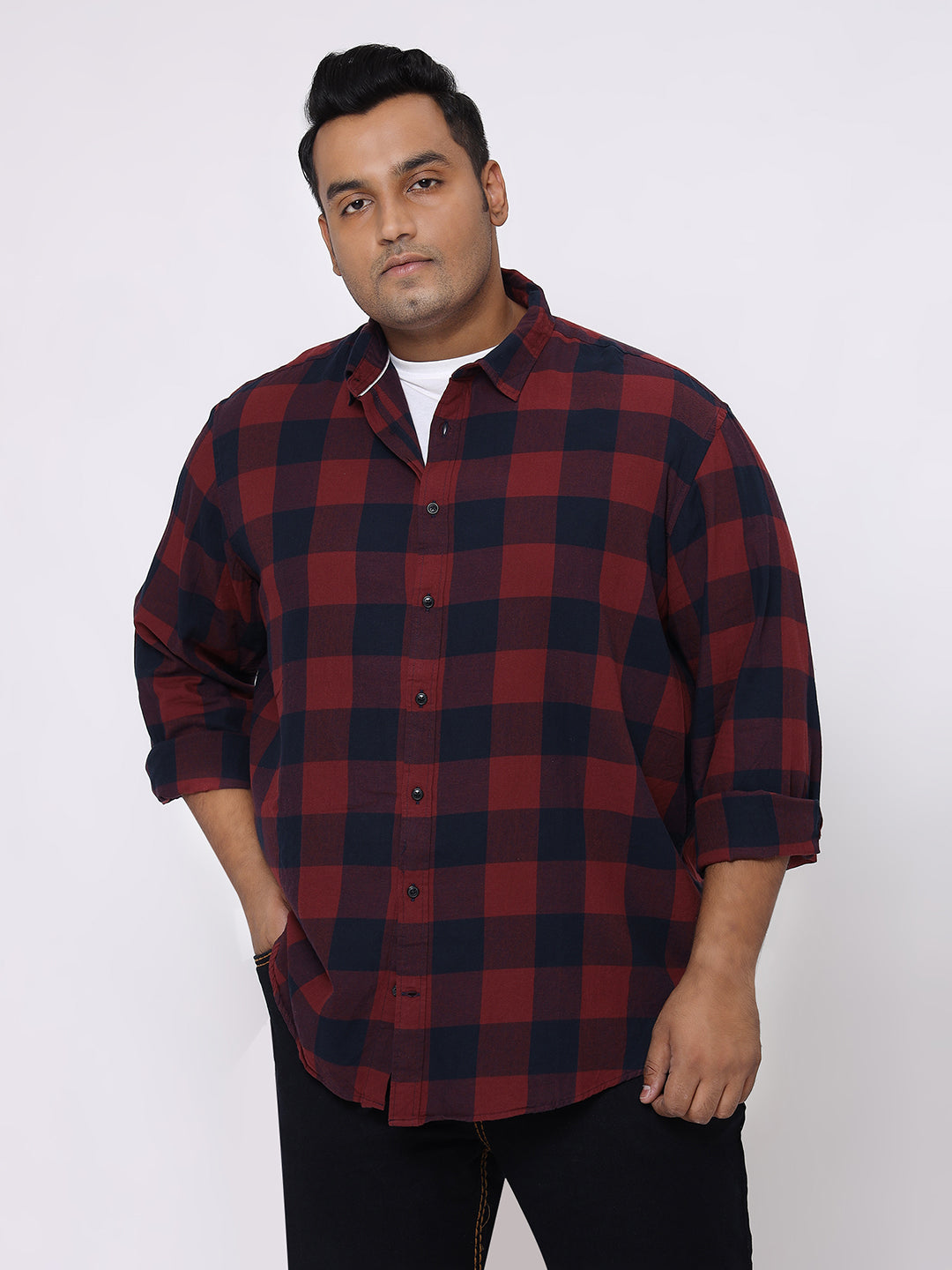 35_1.jpg Plus Size Men Regular Fit Maroon and Black Checked Cotton Shirt - Image 1
