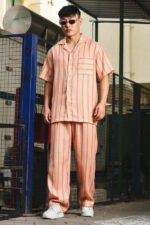 Beige & Orange Linen Blend Casual Relaxed Fit Short Sleeve Shirt & Gurkha Pants Co-Ord Set - Image 2
