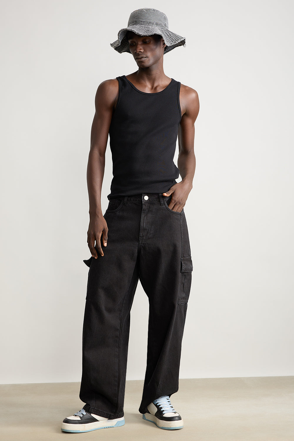 A_2_340db11e-b4dc-47ec-b6ea-c76911271cba.jpg Jet Black Utility Pocket Baggy Cargo Jeans for Men - Image 1