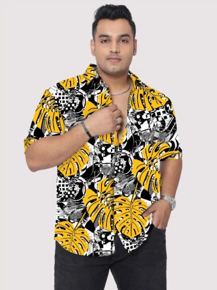 Black and White Tropical Leaf Men Plus Size Half Sleeve Shirt