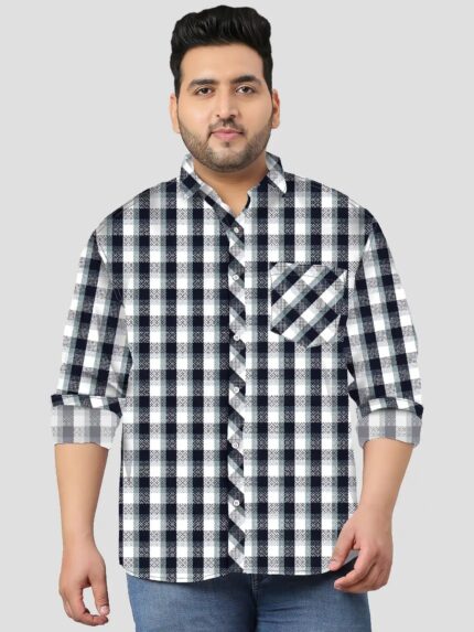 Black and Blue Check Pattern Men Plus Size Cotton Shirt