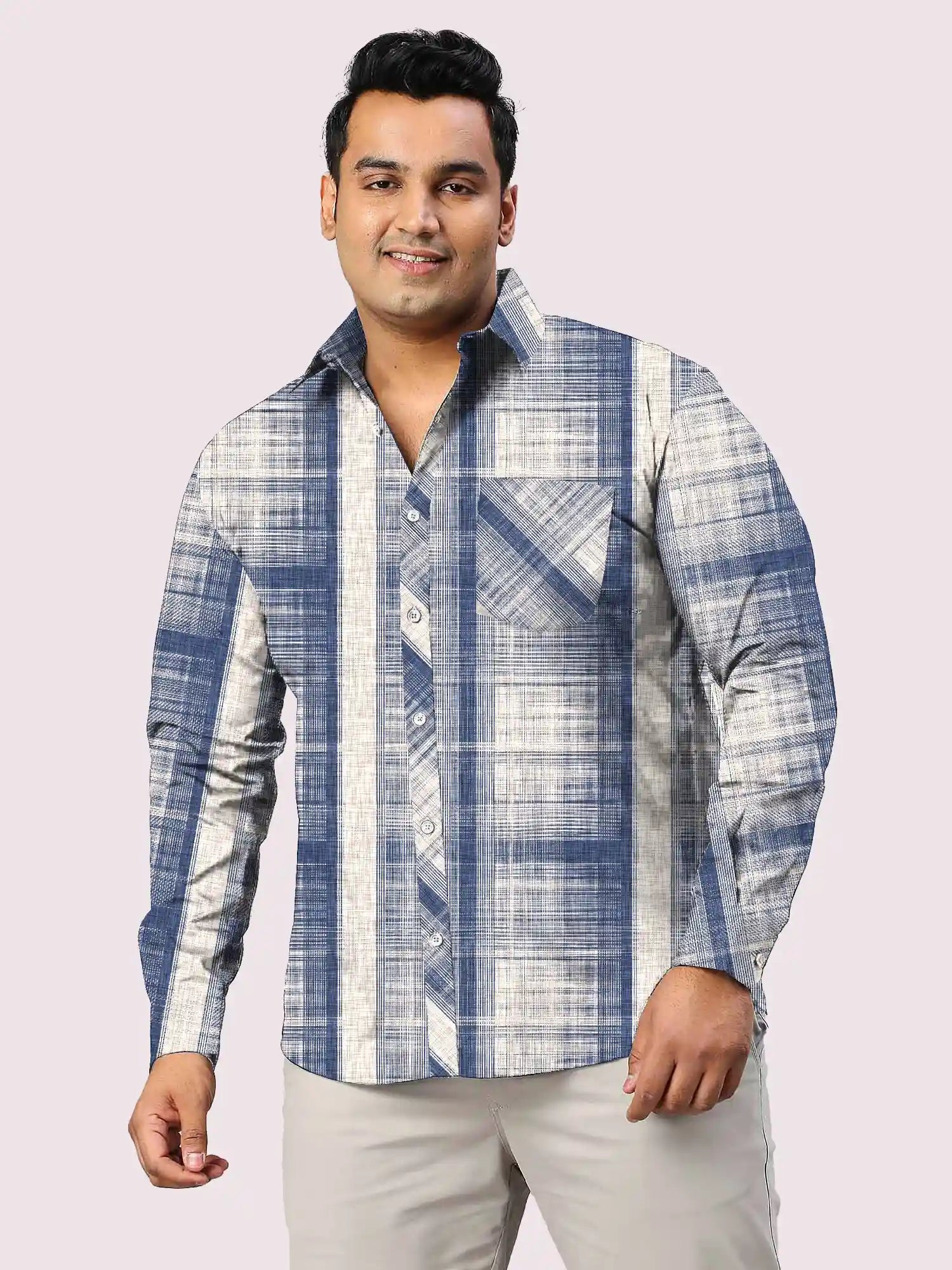 BlueBeigeStripe-Fcopy.jpg Blue and Beige Striped Men Plus Size Full Sleeve Shirt - Image 1