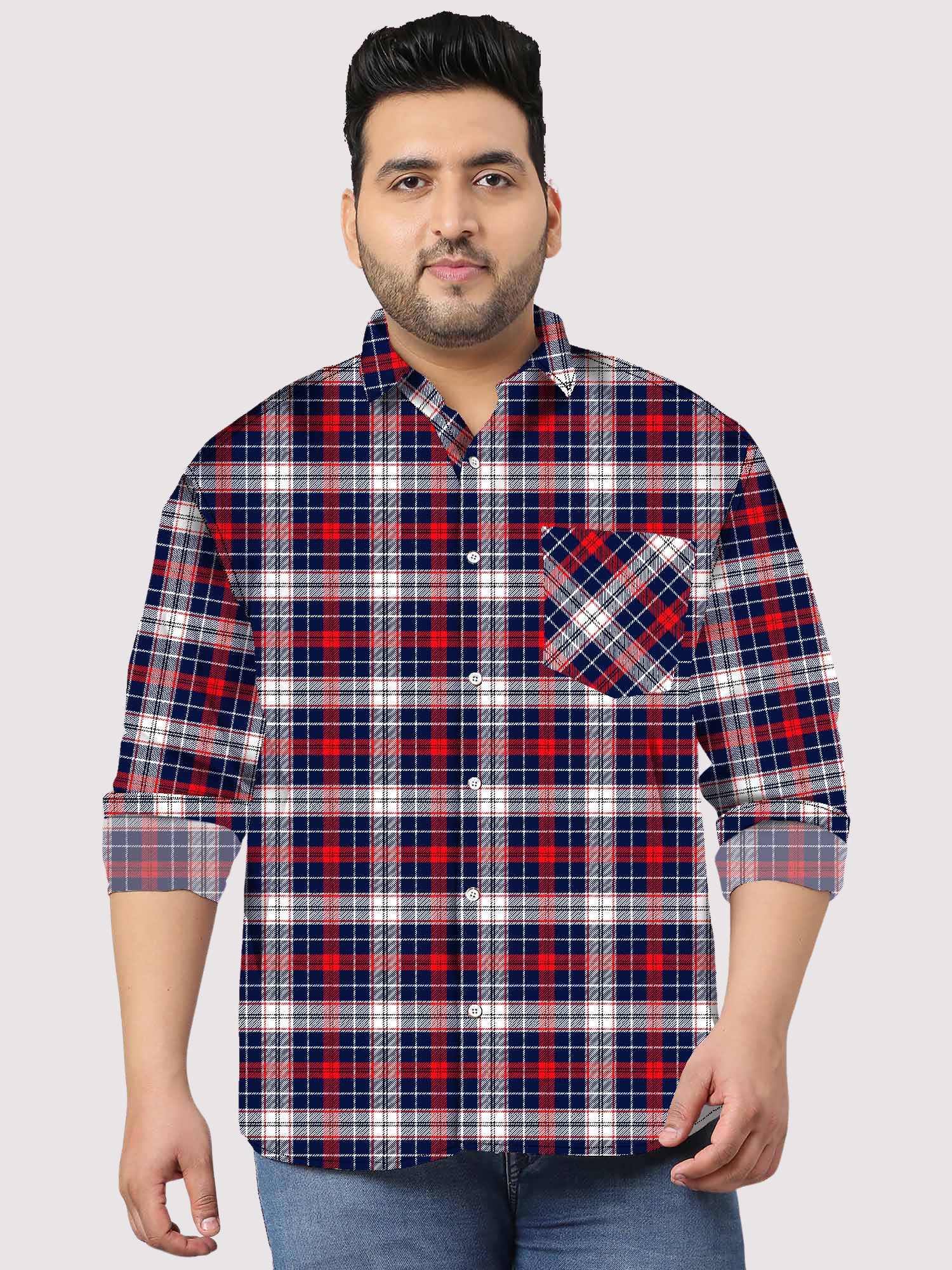 Blue_seamless_checks_pattern_Digital_Printed_Shirt_Men_s_Plus_Size.jpg Blue Seamless Check Pattern Men Plus Size Cotton Shirt - Image 1