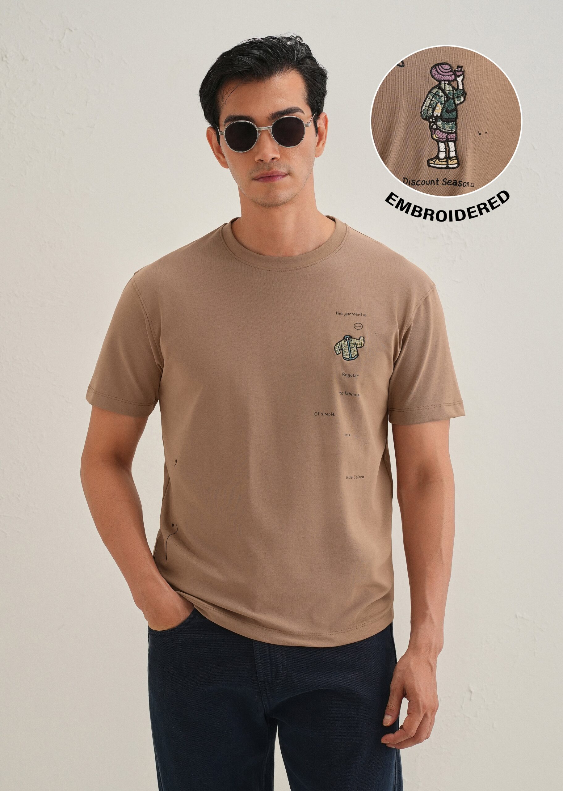 BrownEmbroideredRegularFitT-Shirt_4-scaled-1.jpg Brown Embroidered Regular Fit Cotton T Shirt - Image 1