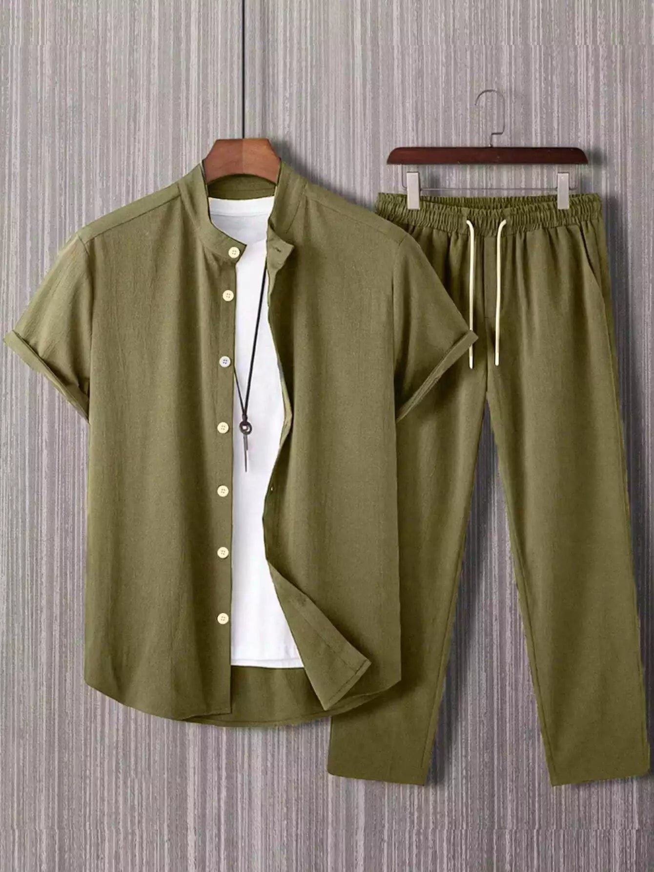 CLASSY_PLAIN_ARMY_GREEN_1.jpg Plain Army Green Mens Full Set Trouser And Shirt Half Sleeves - Image 1
