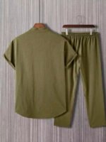 Plain Army Green Mens Full Set Trouser And Shirt Half Sleeves - Image 2