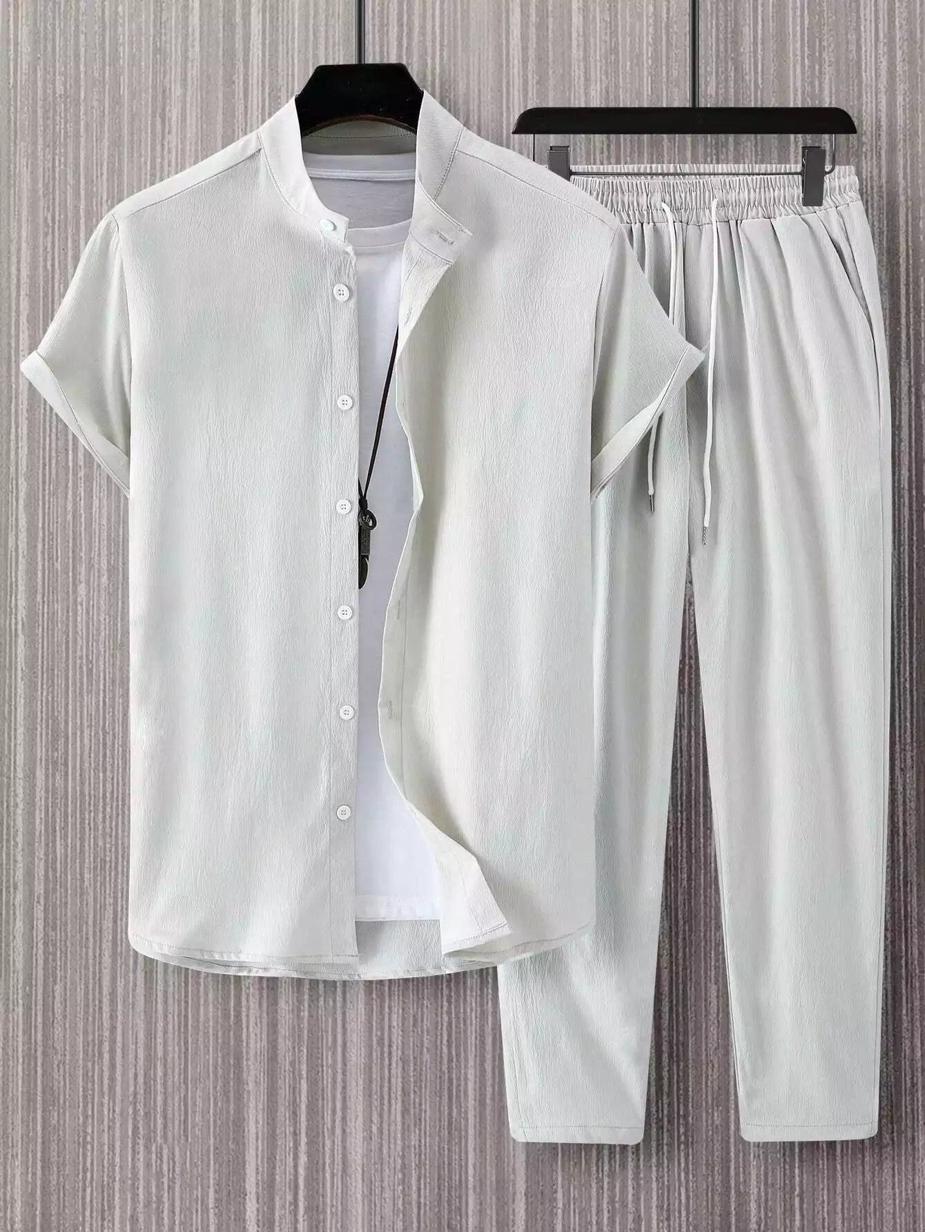 CLASSY_PLAIN_LIGHT_GREY_1.jpg Plain Light Grey Mens Full Set Trouser And Shirt Half Sleeves - Image 1