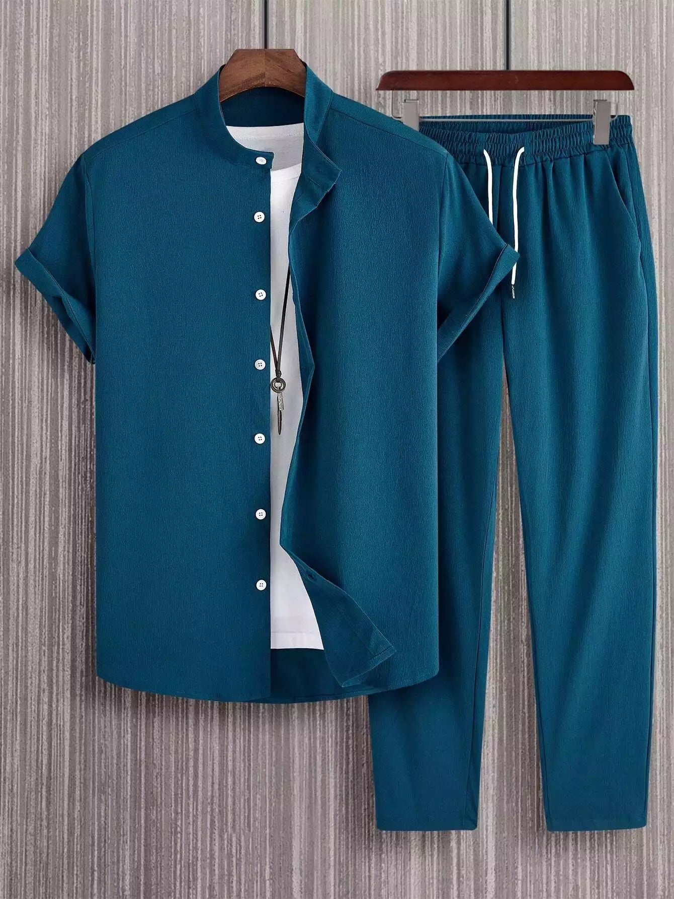CLASSY_PLAIN_TEAL_BLUE_1.jpg Plain Teal Blue Mens Full Set Trouser And Shirt Half Sleeves - Image 1