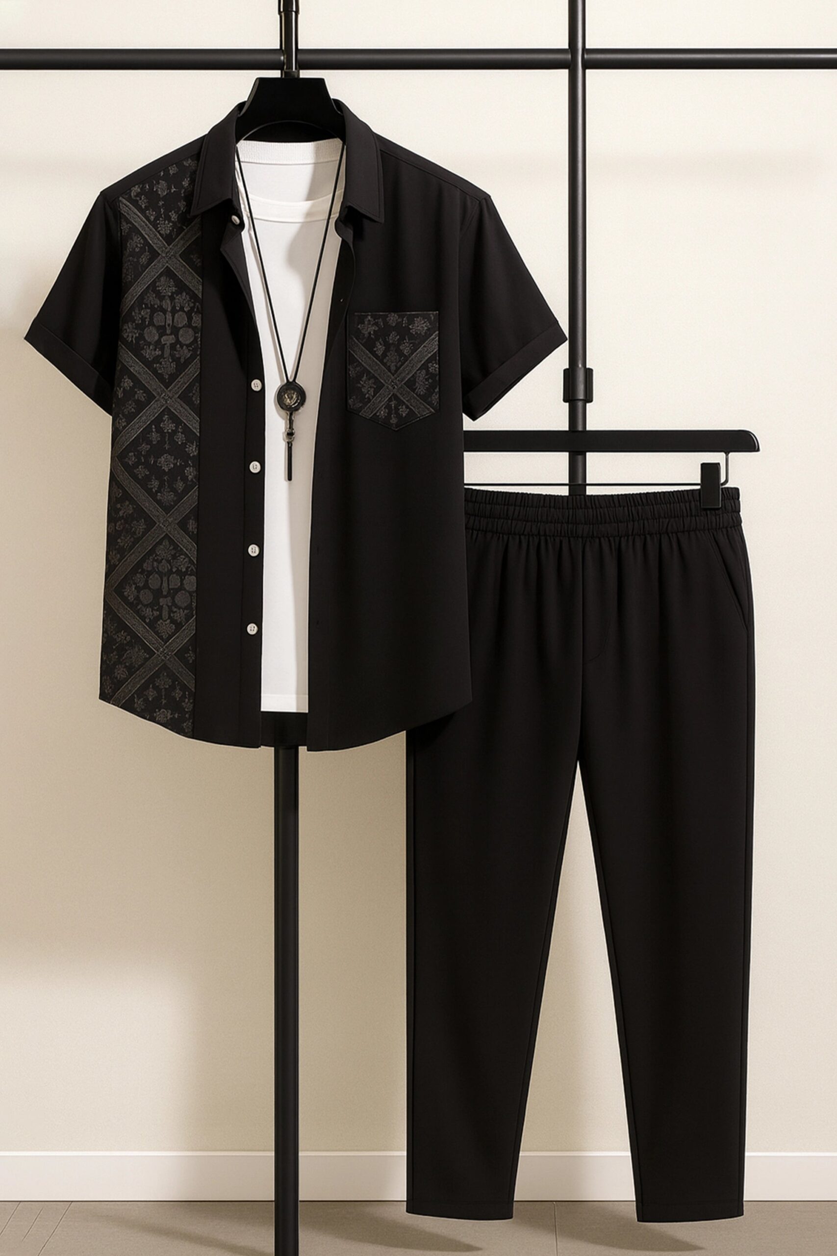 CRDS_BLACK_DESIGN_1-scaled-1.jpg Black Design Men’s Casual Half Sleeve Shirt and Trouser Co-ord Set - Image 1