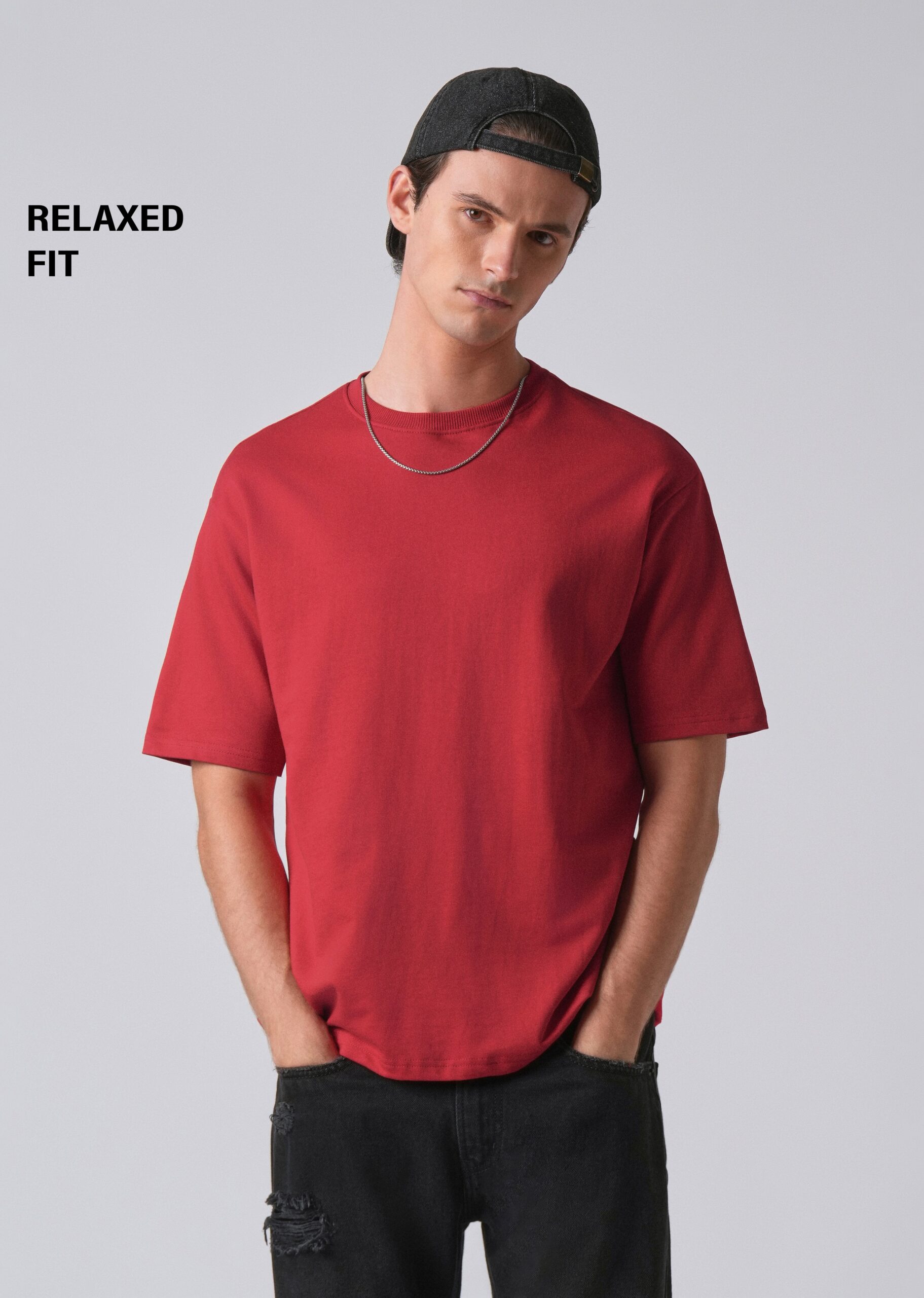 Crimson_Red_Basic_Relaxed_Fit_T-shirt-scaled-1.jpg Crimson Red Basic Relaxed Fit Cotton T Shirt - Image 1