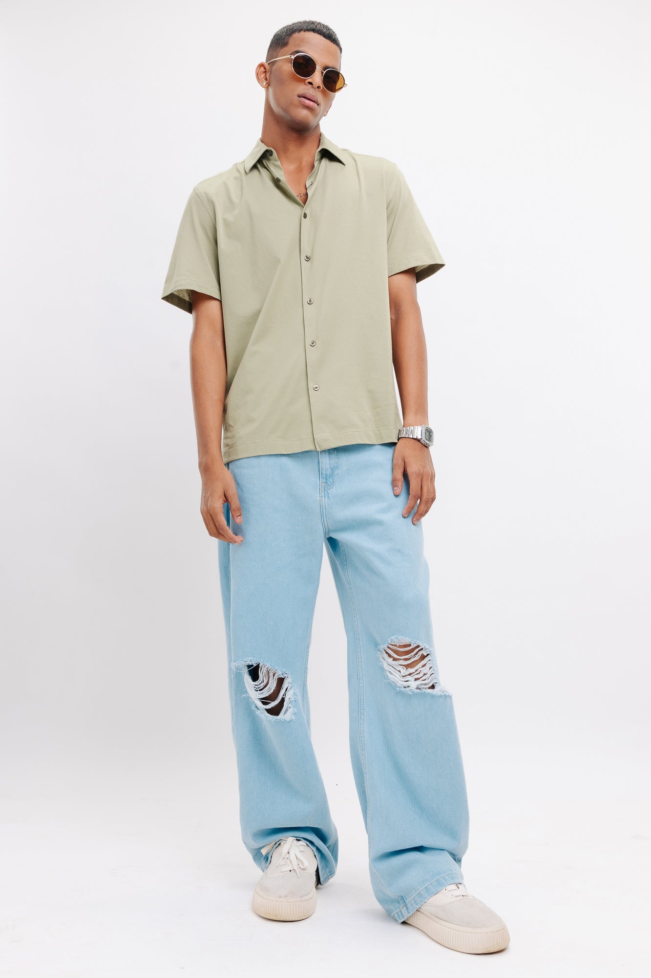 DSC_3865_3f1dadb7-7307-4d21-a186-ed442a02326d.jpg Sky Blue Light Wash Distressed Wide-Leg Denim Jeans for Men - Image 1