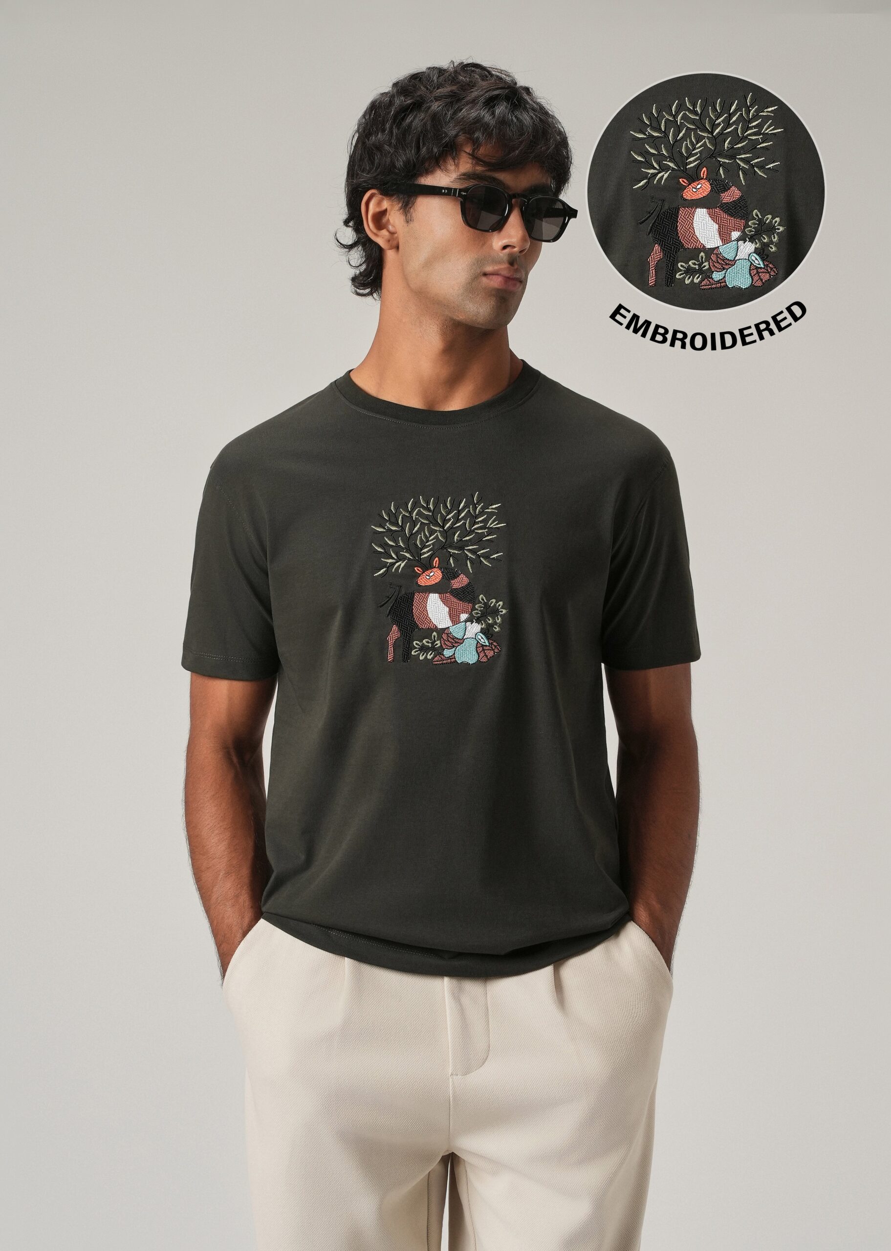Dark_Olive_Chest_Embroidered_T-Shirt_5-scaled-1.jpg Dark Olive Chest Embroidered Slim Fit Cotton T Shirt - Image 1