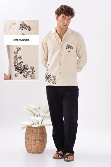 Folklore Siesta Cotton Linen Embroidered Relaxed Fit Shirt