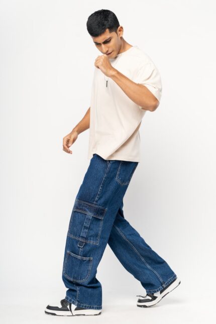 Dense Blue Utility Style Baggy Cargo Denim