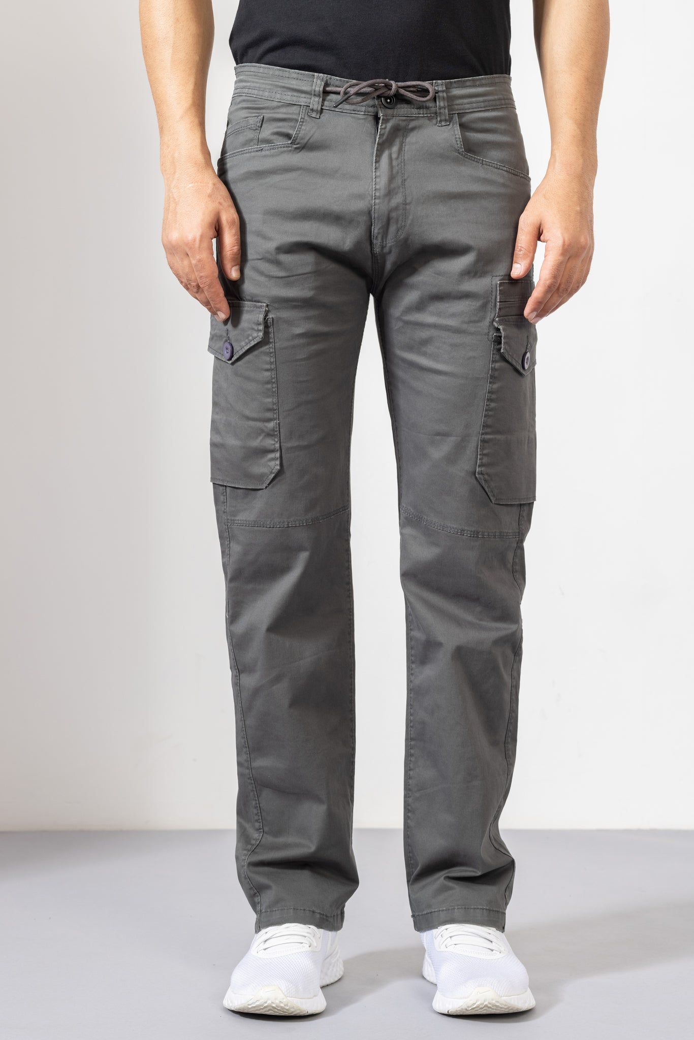 GSCRG6PKTDEC025SGRY.jpg Steel Grey Cotton Cargo Pants with Functional Pocket Detailing - Image 1