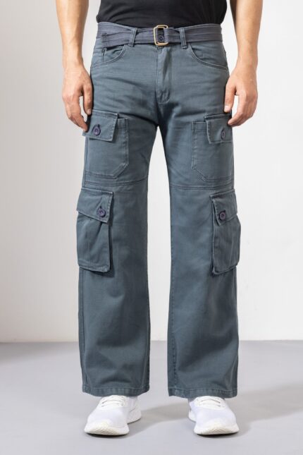 Grey Cotton Cargo Pants with Spacious Multi-Pocket Design