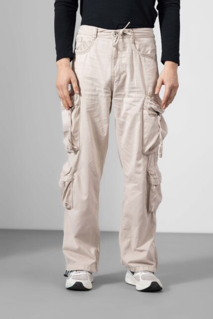 Cream Cotton Cargo Pants for Men with Relaxed Fit