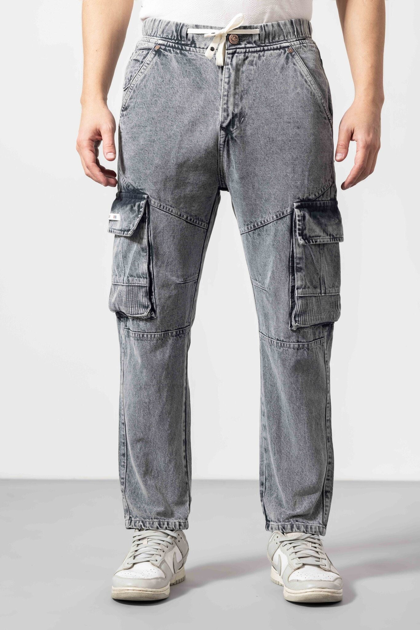 GSFTDNM6PKJAN026DGY.jpg Grey Denim-Style Cargo Pants for Men with Streetwear Appeal - Image 1