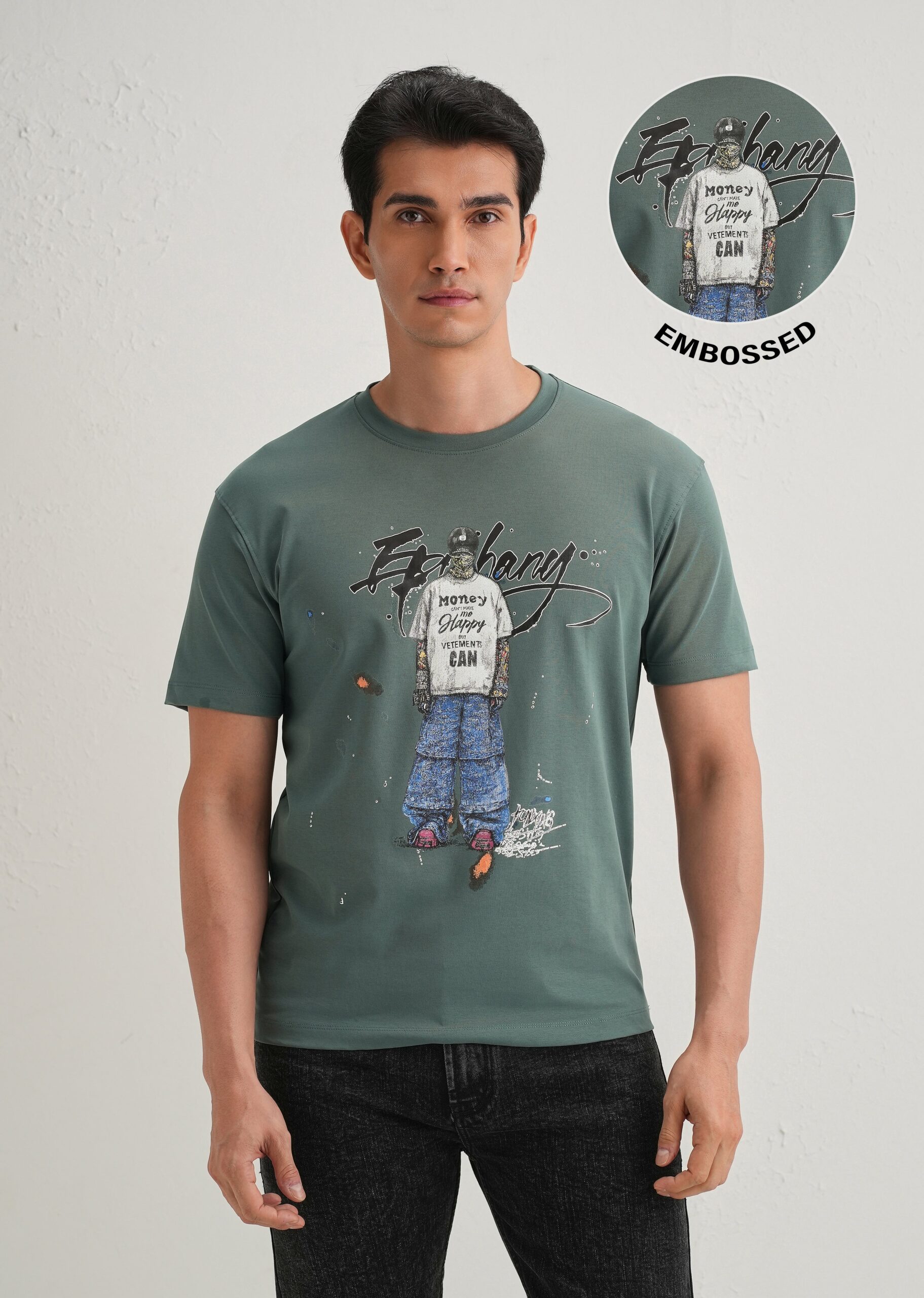 GreenTexturedEmbossedPrintT-Shirt_4-scaled-1.jpg Green Textured Embossed Print Cotton T Shirt - Image 1