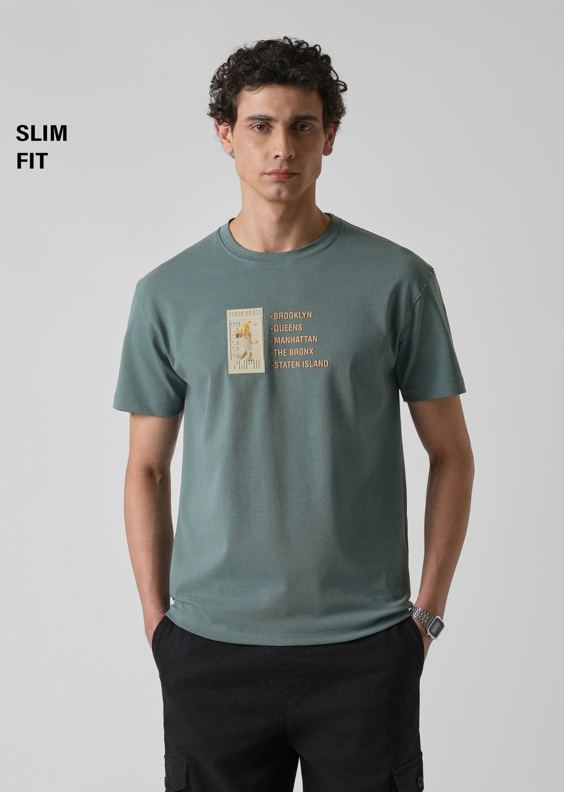 Green_Embossed_Slim_Fit_T-shirt_5-scaled-1.jpg Green Embossed Print Slim Fit Cotton T Shirt - Image 1