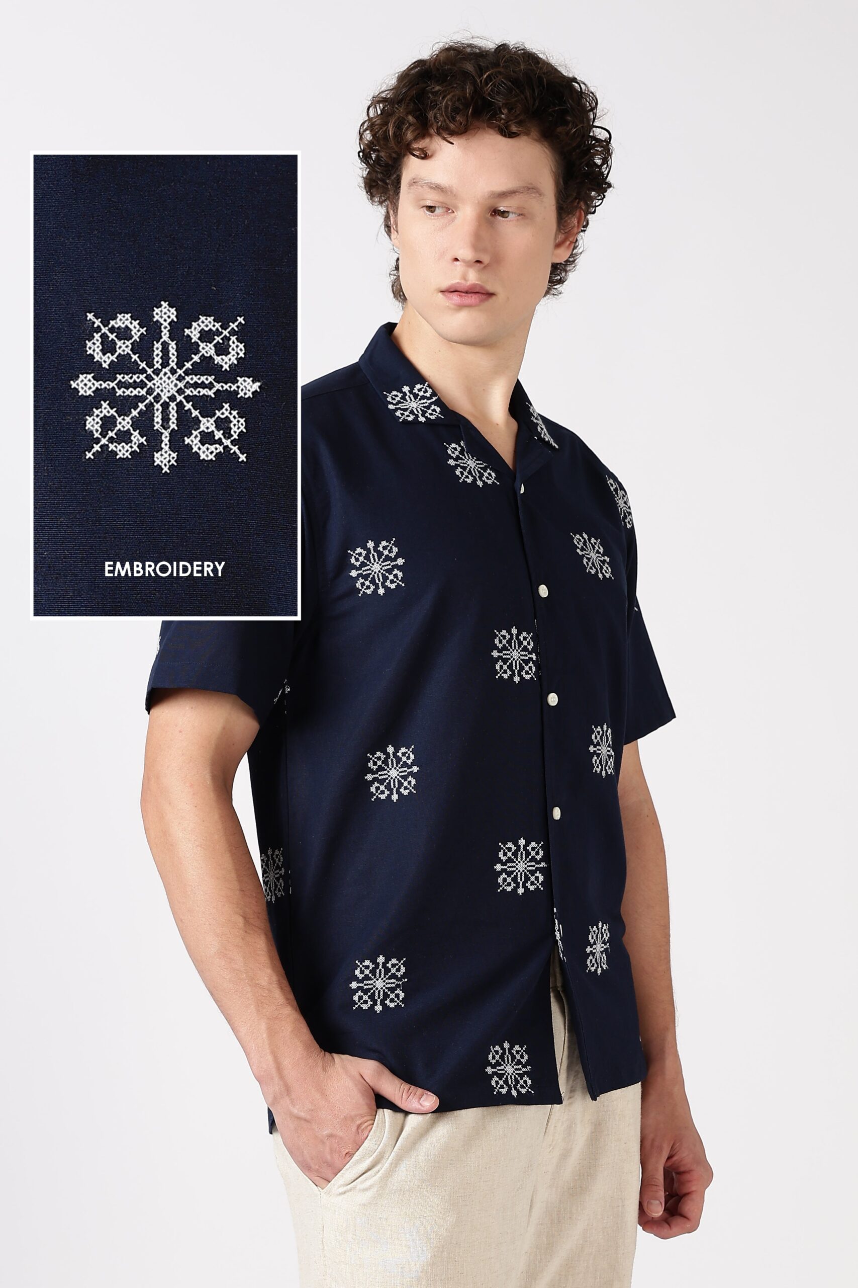 H-CSP0284-0-scaled-1.jpg Midnight Crest Blue Cotton Box Fit Luxury Embroidered Shirt - Image 1