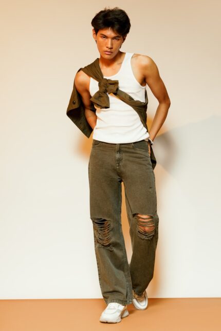 Olive Green Washed Distressed Urban Wide-Leg Denim Jeans