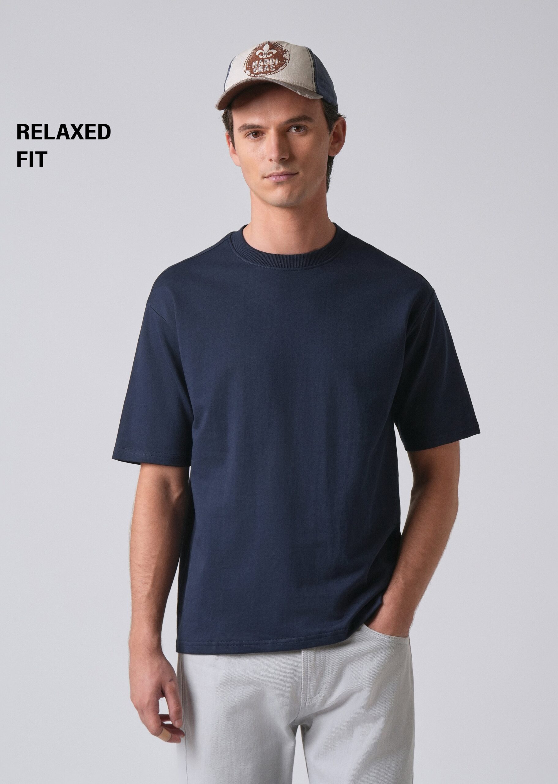 Navy_Blue_Basic_Relaxed_Fit_T-shirt-scaled-1.jpg Navy Blue Basic Relaxed Fit Cotton T Shirt - Image 1