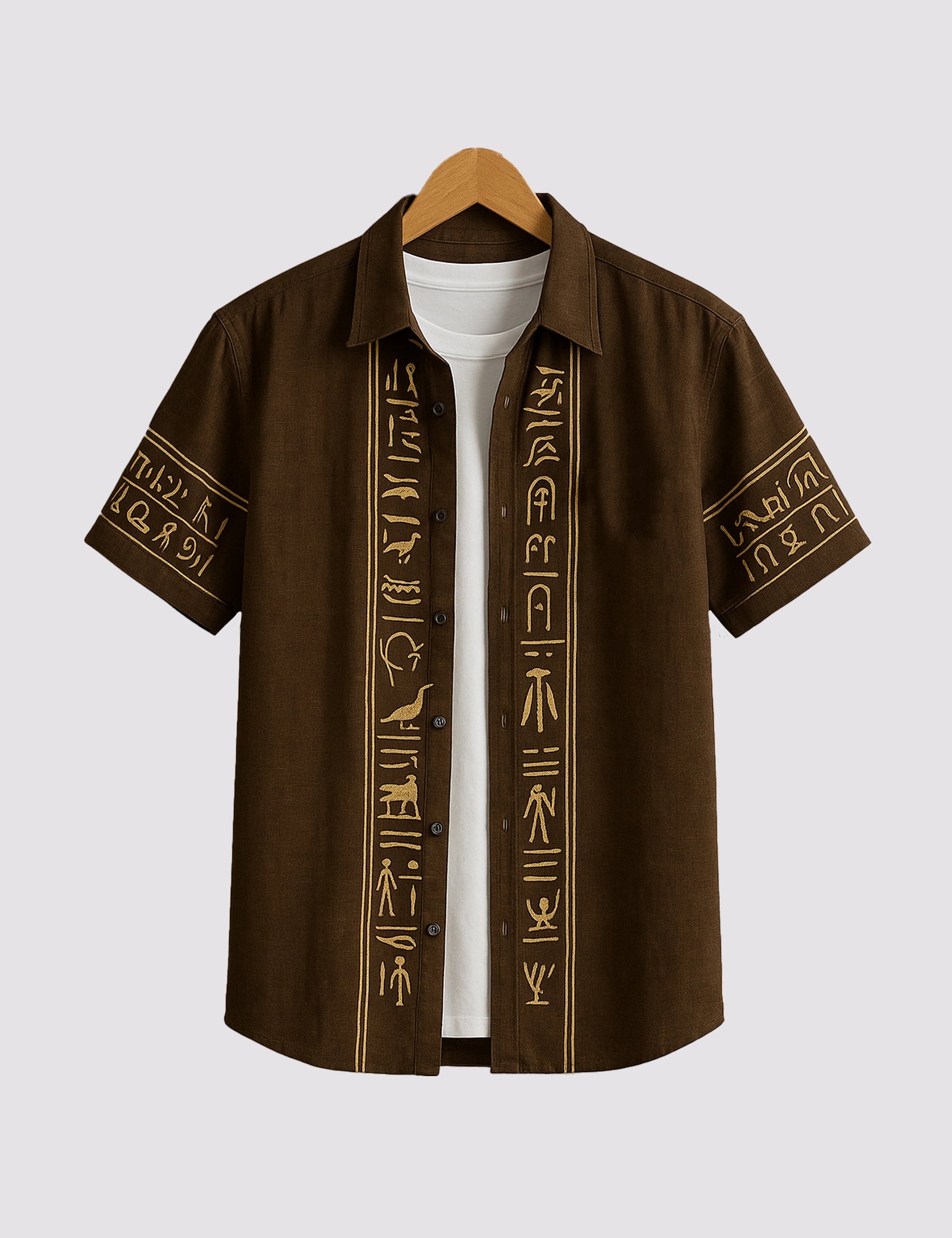 ST_BRWN_WRITING_1.jpg Brown Text Men’s Half Sleeve Casual Printed Shirt - Image 1