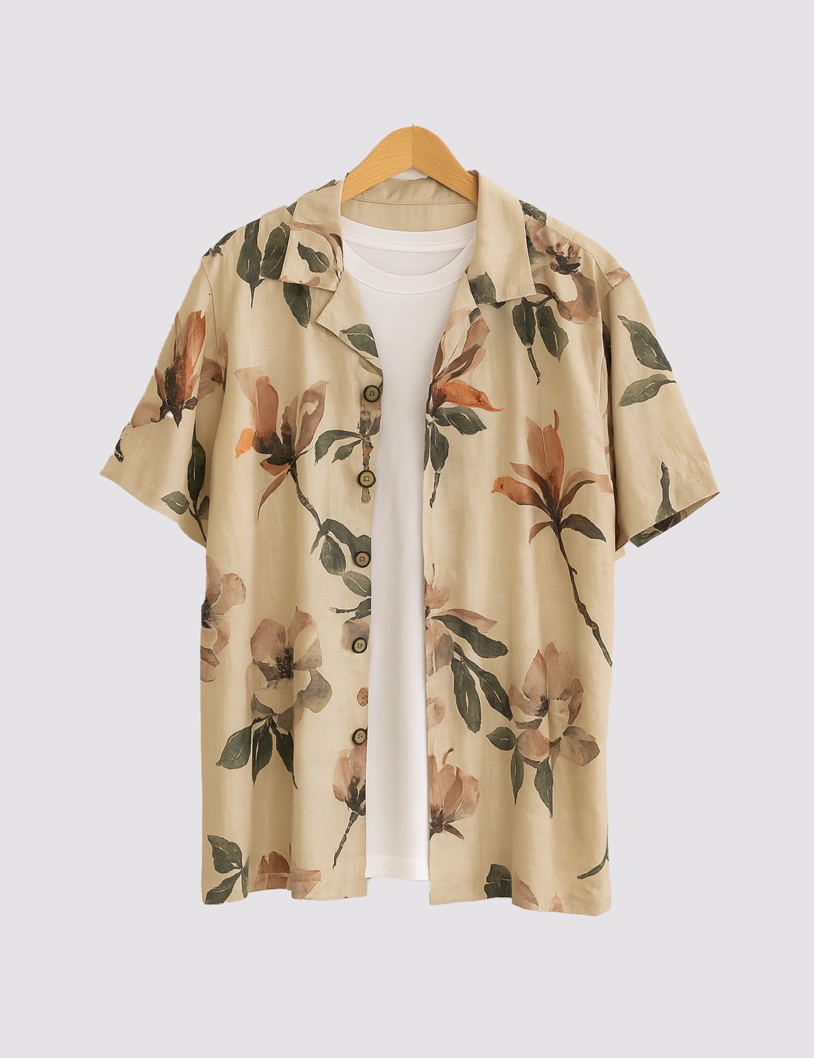 ST_CREAM_FLOWER_1.jpg Cream Flower Men’s Half Sleeve Casual Printed Shirt - Image 1