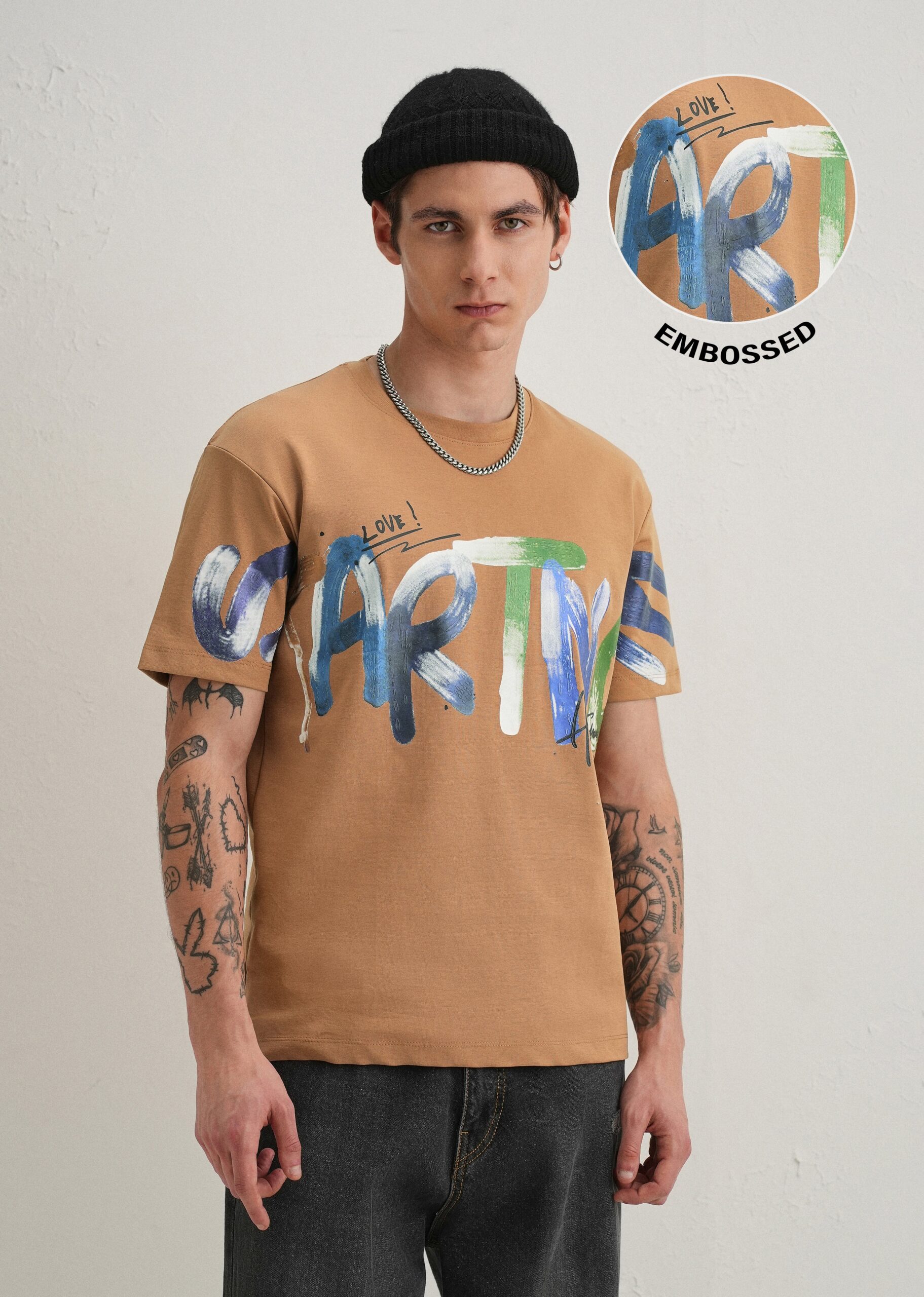 Tan_Textured_Print_T-Shirt_6-scaled-1.jpg Tan Textured Print Cotton T Shirt - Image 1