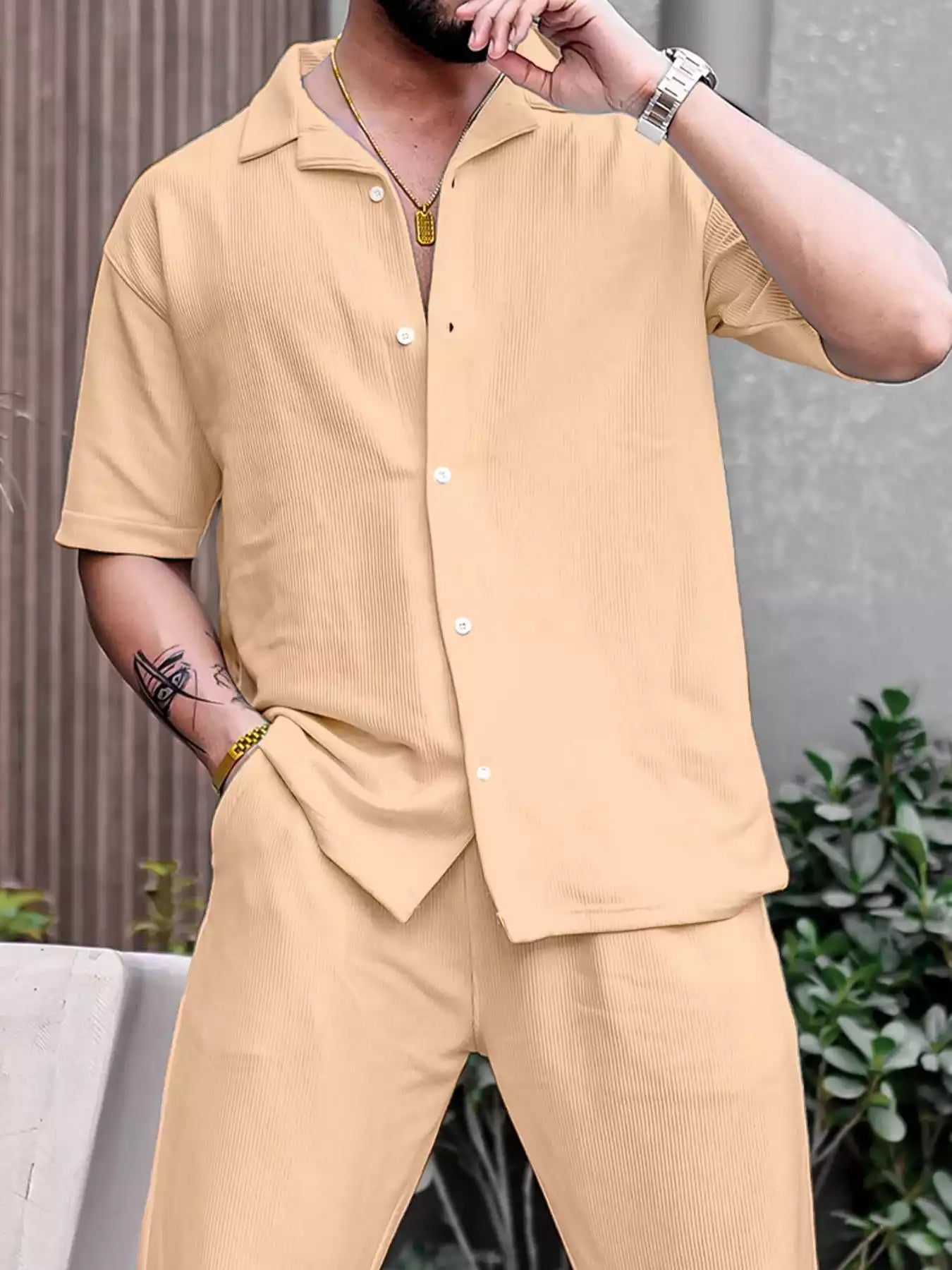 classy_plain_cream_1_e0b953d3-4b04-4e31-adbb-81122be0c55d.jpg Cream Color Mens Full Set Trouser And Shirt Half Sleeves - Image 1