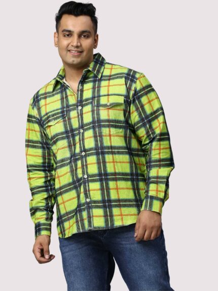 Green Check Double Pocket Men Plus Size Cotton Shirt