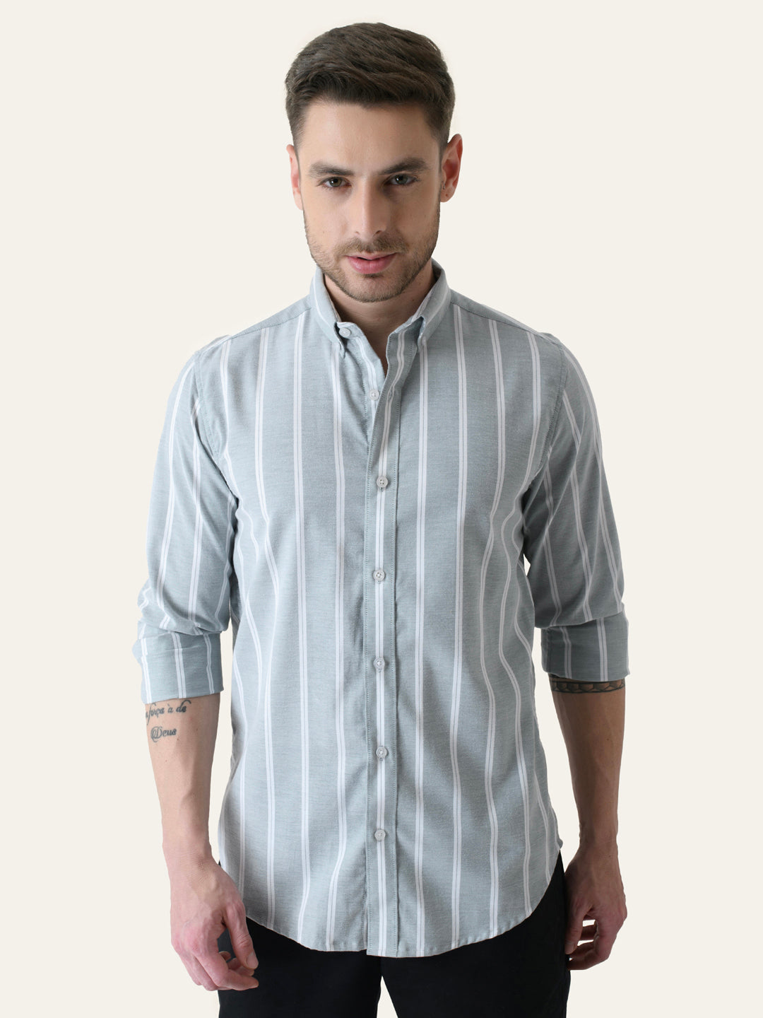 shrey366659.jpg Mint Green Striped Cotton Fresh Summer Casual Shirt - Image 1