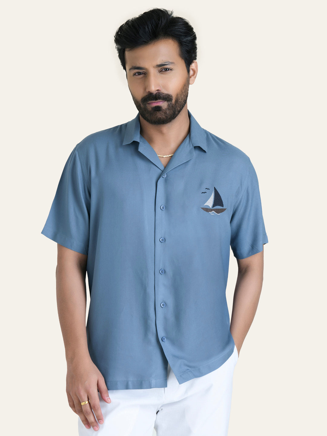 shrey63556.jpg Blue Embroidered Rayon Premium Ethnic Casual Shirt - Image 1